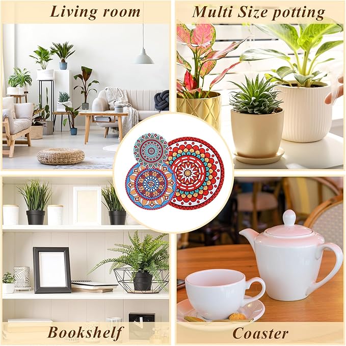 Nuanchu 6 Pcs Boho Plant Pot Coasters 3 Sizes 3.94" 5.9" 7.87", Rubber Absorbent Non-Slip Pot Plant Round Mat Gardening Indoor Outdoor Flower Protect Mat for Table Desk Floor, Colorful