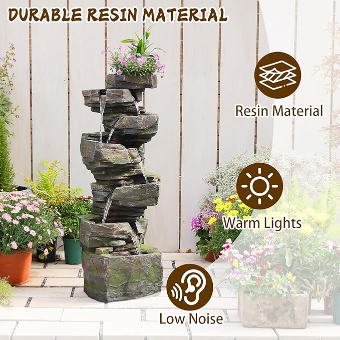 Sunlinua 48.6" H Outdoor Water Fountain with 6 Tiers Large Cascading Realistic Rock Waterfall Fountains with LED Lights Outdoor Water Fountain for Garden Patio Backyard Porch Home Decor