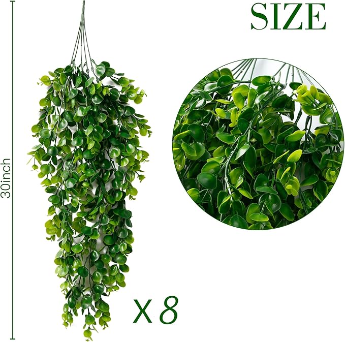 Sggvecsy 8 Pack Artificial Hanging Plants Fake Hanging Plant Faux Hanging Eucalyptus UV Resistant Plastic Plants for Indoor Outdoor Room Wall Wedding Patio Porch Decor