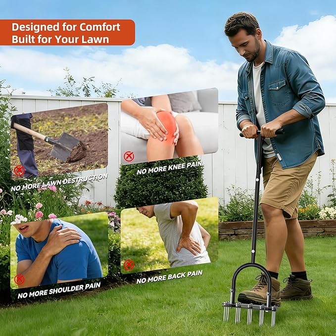 GAINO Manual Lawn Aerator Tool with 15 Spikes, 32"-35" Adjustable T-Handle Aerator for Lawn, Automatic Dirt Ejection Design, Heavy Duty Yard Grass Aerator for Soil Compaction，Black