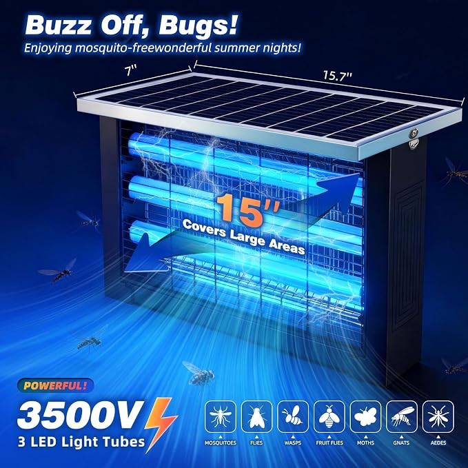 Powerful Large Solar Bug Zapper Outdoor for 3000 sq.ft, Poartable Rechargeable Mosquito Zapper with High Powered, Cordless Solar Fly Zapper for Patio Garden Backyard RV Camping with 13W Solar Panel