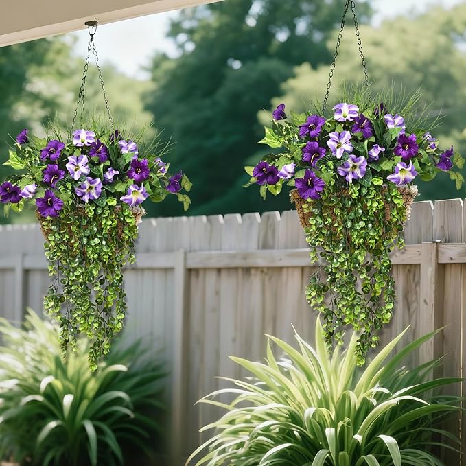 Waipfaru Artificial Plants & Flowers, UV Resistant Fake Plants Artificial Flowers Outdoors, Realistic Faux Petunias Fake Hanging Plants for Outside Garden Balcony Yard Porch(10 Bundles Purple White)