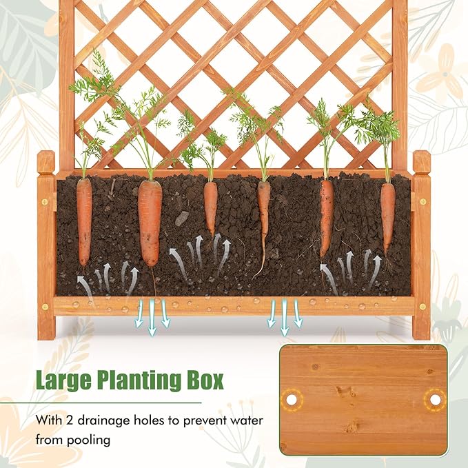 HAPPYGRILL Raised Garden Bed with Trellis, Large Planting Box w/Drainage Holes, 60” Wooden Garden Planter w/Diamond Lattice Trellis for Climbing Plants, Outdoor Planter Box for Patio (2, Orange)