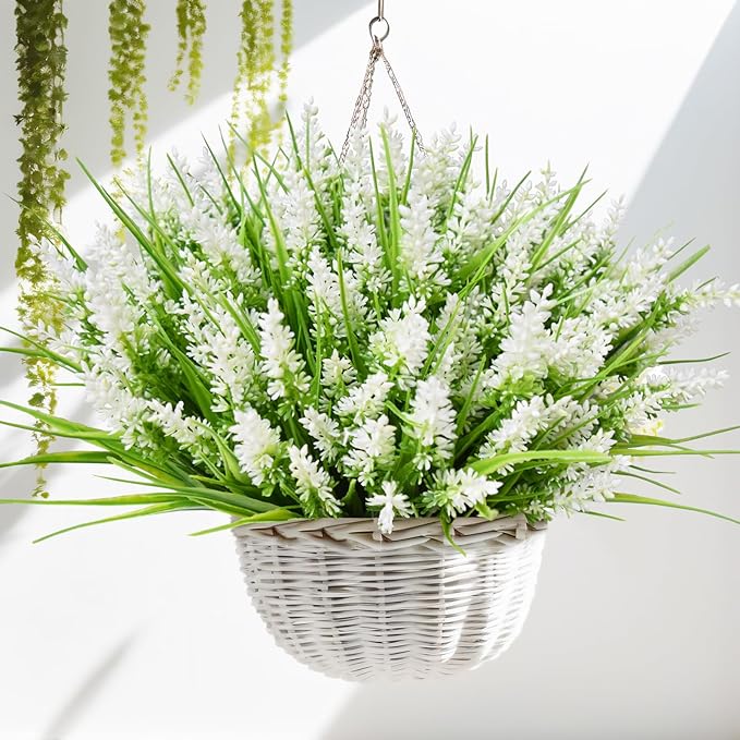 Kinisty 12 Bundles Outdoor Artificial Plants and Flowers, UV Resistant Faux Monkey Grass with Lavender and Fake Plastic Greenery for Spring Summer Outside Planter Porch Garden Decor, White