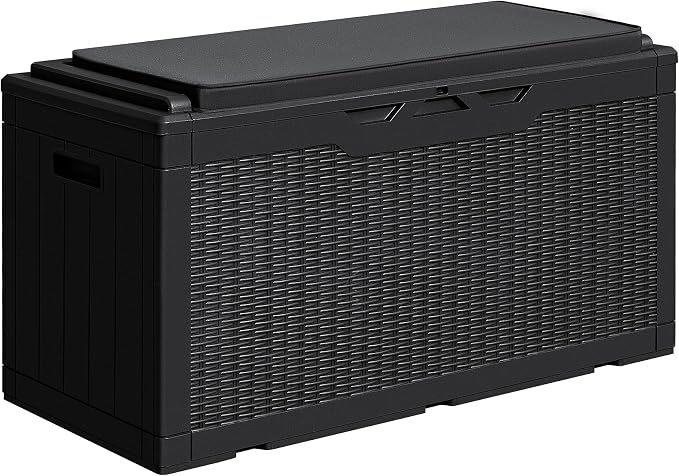 Greesum 100 Gallon Resin Deck Box Large Outdoor Storage with Cushions for Patio Furniture, Garden Tools, Pool Supplies, Weatherproof and UV Resistant, Lockable, Black