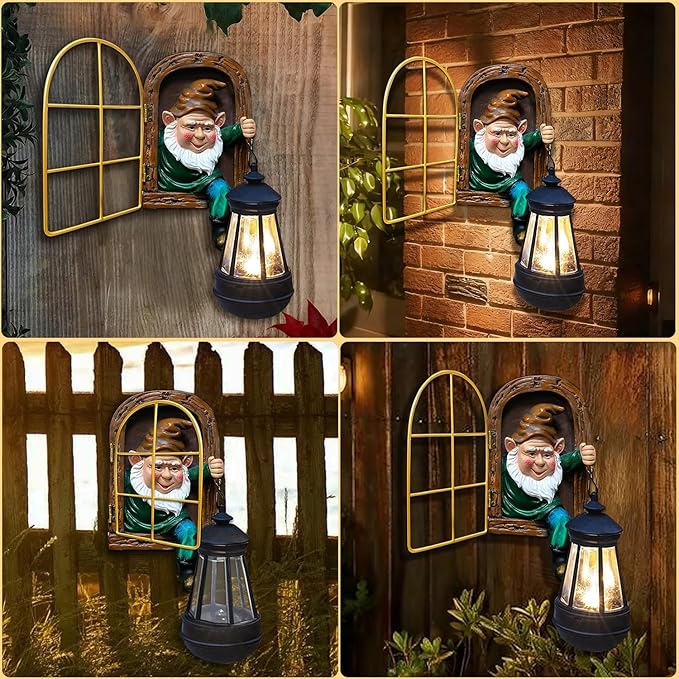 Garden Gnomes Statues with Solar Lantern Christmas Decorations, Outdoor Tree Hugger Gnome Decor Statue, Tree Face Figurines for Fence Wall Yard Home Birthday Gifts for Mum, Women
