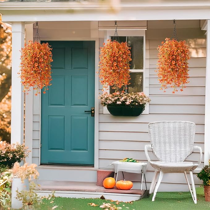 Hommyea Artificial Fall Fake Flowers for Outdoor, 2 Pcs Fake Mums Faux Hanging Flowers Outdoor Fall Decor, UV Resistant Silk Flower for Front Door Porch Planters Patio Yard Garden(Orange Sunset Red)