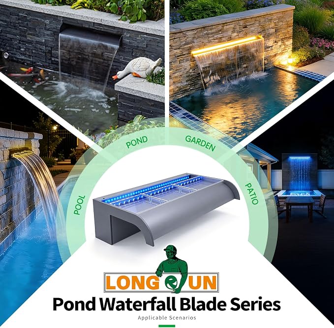 with lid Waterfall Pool Fountain, LONGRUN Acrylic Waterfall Spillway for Pools and Ponds - 11.8" Wide Decorative Water Feature for Swimming Pools, Koi Ponds, and Garden