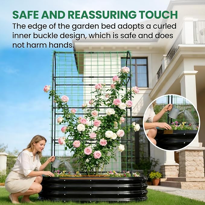 SUNYRISY Galvanized Raised Garden Bed with 71in Arch Trellis for Climbing Plants, Outdoor Planter Box with Climbing Net for Gardening Flowers Vegetables Fruits Herbs, Black