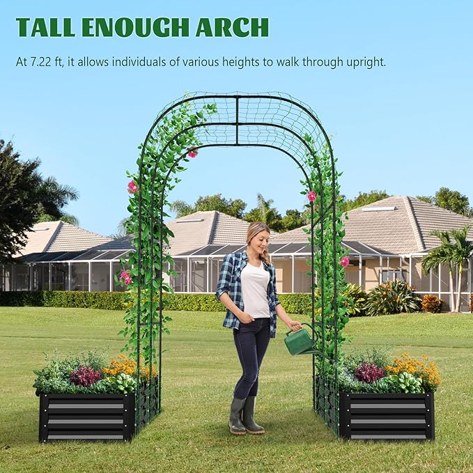 3 in 1 Galvanized Raised Garden Bed with 87" H Arch Trellis for Climbing Plants, Outdoor Gardening Planter Box with Climbing Net for Flower Vegetables Fruits Herbs, Black