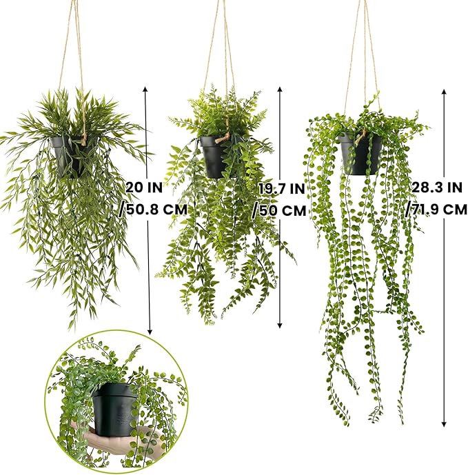 3 Packs Fake Hanging Plants with Black Pots, 28" Artificial Hanging Plants for Wall Decor, Fake Fern Plants Mandala Vine Indoor/Outdoor for Home Bathroom Bedroom Kitchen Office Room Decor