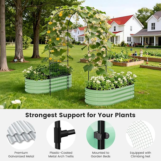 3 in 1 Galvanized Raised Garden Bed with 87" H Arch Trellis for Climbing Plants, Outdoor Gardening Planter Box with Climbing Net for Flower Vegetables Fruits Herbs, Green