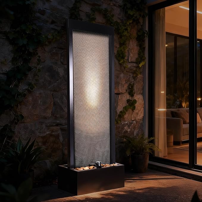 Jocoevol Mesh Panel Waterfall Fountain, Large Indoor Water Feature with Stones & Light, 63.4" Floor Standing Water Wall for Home Decor, Living Room, Patio, Outdoor Garden
