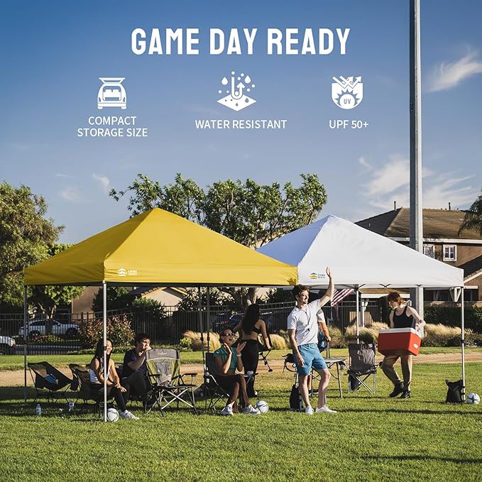 CROWN SHADES 8x8 Pop Up Canopy - Beach Tent with One Push Setup - Easy Outdoor Sun Shade for Events, Parties, Camping - Gazebo with STO-N-Go Cover Bag, Silver Coated Top, Yellow
