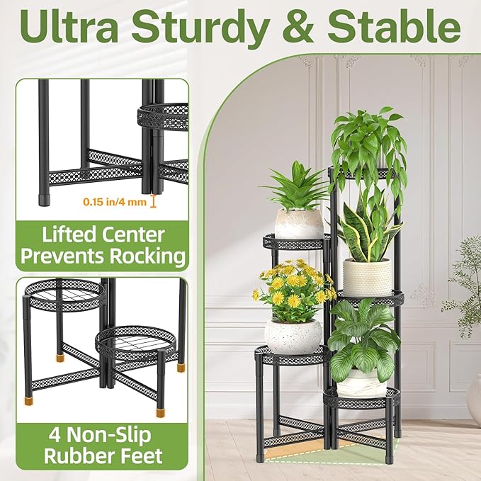 iDavosic.ly Plant Stand Indoor Outdoor, 5 Tier Corner Metal Flower Display Holder Shelf, Folding Tall Orchid Rack for Patio Balcony Porch Garden Living Room House, Wrought Iron - Modern Black