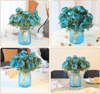 Fake Flowers in Vase,Fake Flowers with Vase,21 Pcs Faux Peony Flowers,Artificial Flowers for Home Decor, Indoor Centerpiece for Living Room & Dining Table (Blue)