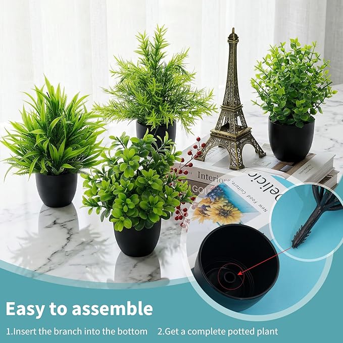 LOYWREE Faux Plants Indoor 4 Pack Small Fake Plants Mini Artificial Plants in Black Pots Potted Greenery for Home Office Table Desk Bathroom Shelf Counter Styling Farmhouse Decor
