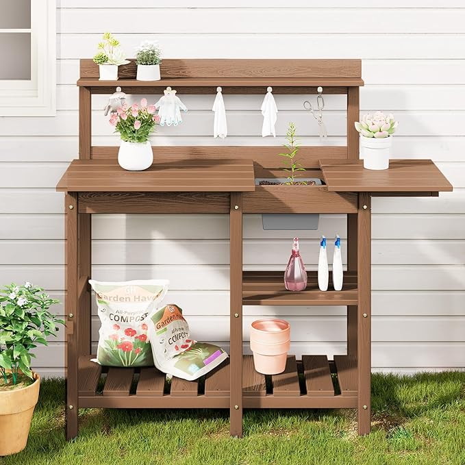 SERWALL Outdoor Potting Bench with Removeable Sink,Rot-Resistant HDPE Potting Table for Outside Gardening, All Weather Use - Brown