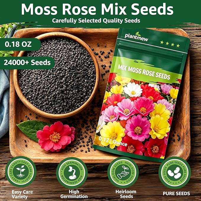 24000+ Moss Rose Seeds for Planting, Portulaca Seeds for Ground Cover, Drought Tolerant Annual Flowers for Gardens, Borders, Containers & Landscaping