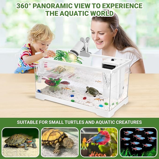 GOZILLA Aquatic Turtle Tank Kit+Lamp+Filter, Upgrade PC Turtle Tank Starter Kit with Adjustable Lamp & Filter,Reptile Habitat with Lid,Hanging Platform for Small Reptiles.(19.68×9.52×9.44''/White Kit)