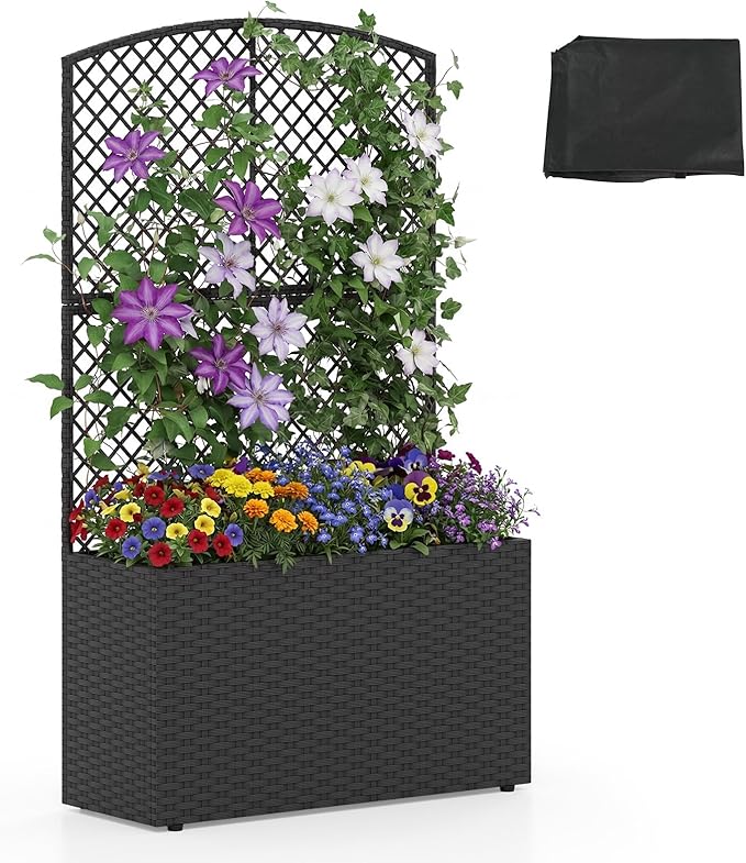 HAPPYGRILL Raised Garden Bed with Trellis, 49" Wicker Planter Box w/Privacy Screen, Liner, Drainage for Patio Balcony, Outdoor PE Rattan Elevated Garden Bed for Climbing Plant Vine Flower (Black,1)
