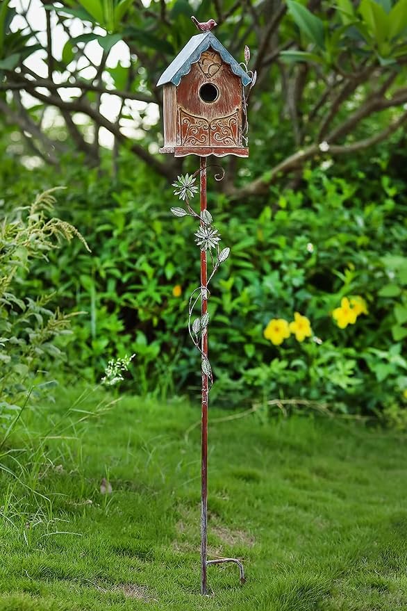 Baroque Cottage Bird House Stake for Outside with Pole, Distressed Metal Birdhouse Stand for Outdoor Garden,Purple