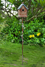 Baroque Cottage Bird House Stake for Outside with Pole, Distressed Metal Birdhouse Stand for Outdoor Garden,Purple