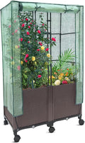 MAYOLIAH 3-in-1 Raised Garden Bed Large Planter Box with Trellis & Cover on Wheels Plastic Tomato Planter with Greenhouse for Deep Rooted & Climbing Plants 31.5x15.7x53-inch Brown