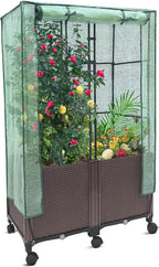 MAYOLIAH 3-in-1 Raised Garden Bed Large Planter Box with Trellis & Cover on Wheels Plastic Tomato Planter with Greenhouse for Deep Rooted & Climbing Plants 31.5x15.7x53-inch Brown