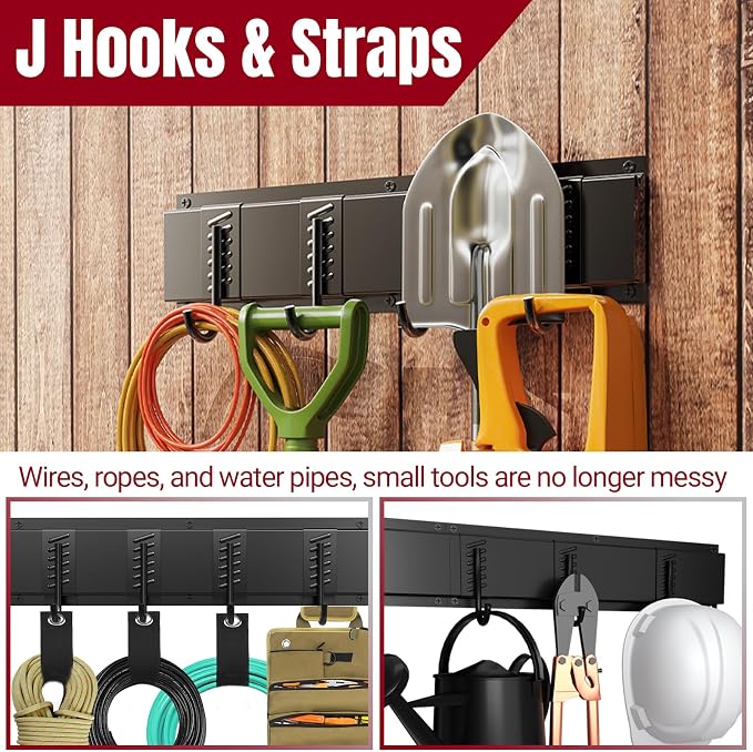 66" Garage Tool Organizer Wall Mount,20 PCS Wall Mounted Garden Tool Storage Rack Carries 720lbs, 4-Panel Steel Tool Hanger System for Shovels Rakes Brooms – Fits 16" Wall Studs