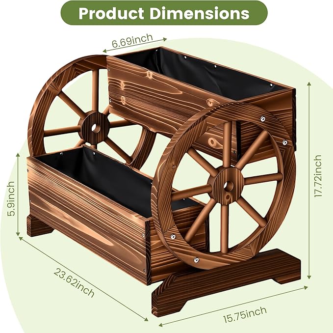 Wooden Wagon Planter Box, Extra Large 2-Tier Decorative Flower Cart with Wheels, Rustic Wood Planter with Drainage Holes & Non-Woven Liner, Raised Garden Bed for Flowers Herbs Vegetables