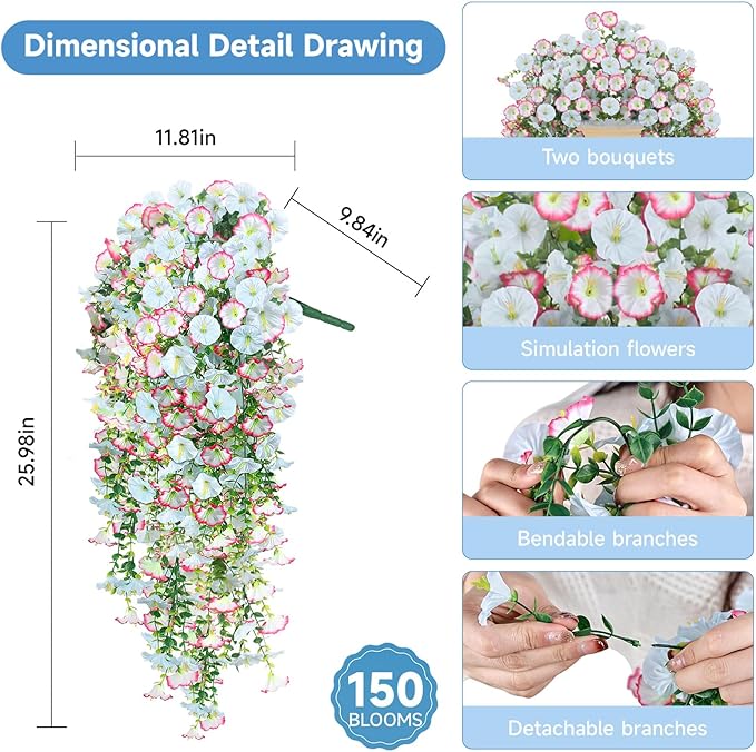 Artificial Hanging Flowers for Outdoors, 2 PCS 300 Blooms UV Resistant Morning Glory Faux Silk Vines, No-Odor Realistic Fake Plants for Garden Planter Porch Patio Decoration, Blue & White