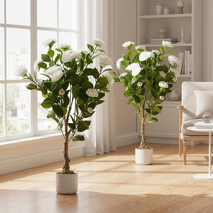 Garvee 2.8FT Artificial Camellia Tree 2 Pack, Faux Camellia Plant with White Planter and 20 White Flowers, 34" Fake Potted Flower Trees for Home and Office Decor