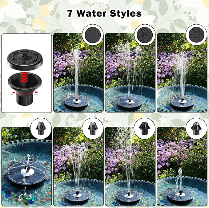 Yzert Solar Fountain Glass White Flower, 3.5W Bird Bath Fountains Solar Power No Battery with 4 Fixed Rods & 7 Nozzles, Solar Fountain Pump for Bird Bath, Garden, Outdoor, Pond, Pool,Hummingbird