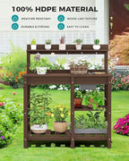 SERWALL Outdoor Potting Bench 2-Piece Set, Rot-Resistant HDPE Potting Table with Removable Sink for Outside Gardening, All-Weather Use - Coffee