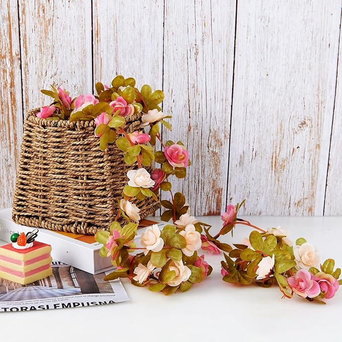 8 Pcs x 8.2 ft Flower Garland Artificial Rose Vine Flowers with Green Leaves Hanging Fake Roses Vine for Room Party Home Wedding Birthday Christmas Wall Arch Decor, Champagne Pink Flower
