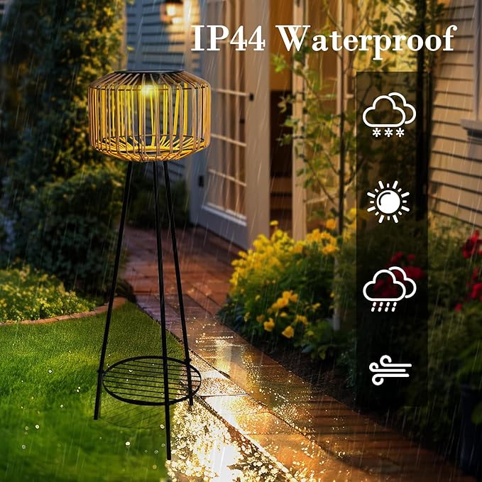 Outdoor Floor Lamp Outdoor Solar Lights Rattan Lamp with Plant Stands Metal Tripod Outdoor Floor Lamps for Patio Yard Deck Porch Walkway Driveway Garden Decor