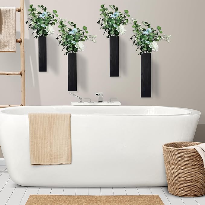Wall Planters for Indoor Plants, Set of 4 Black Modern Farmhouse Wood Wall Decor for Indoor Plants, Hanging Planter for Living Room, Bathroom Wall Decor, Dried Flowers and Faux Greenery