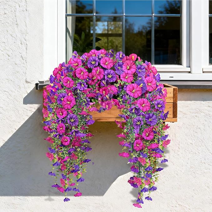 Artificial Hanging Flowers for Outdoors, 4 PCS 600 Blooms UV Resistant Morning Glory Faux Silk Vines, No-Odor Realistic Fake Plants for Garden Planter Porch Patio Decoration, Fuchsia & LightPurple