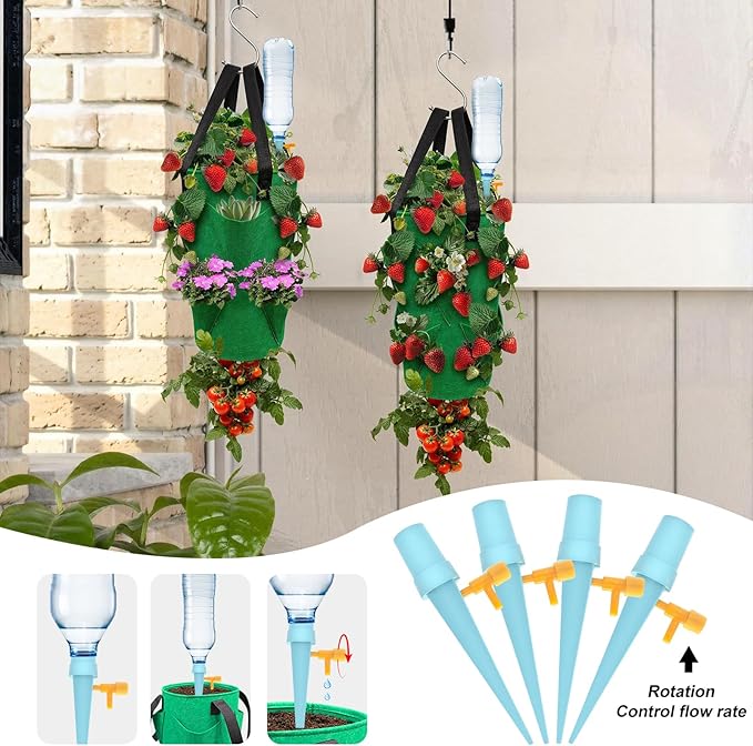 4Pack Upside Down Strawberry Tomato Planter Hanging Growing Kit Outdoor Indoor with 4 Hooks 3 Gallon Cloth Fabric Cherry Tomato Strawberry Vegetable Vertical Hanging Garden Planting Planter Grow Bags