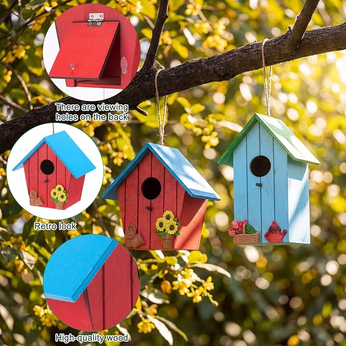 DoubleFill 2 Pcs Birdhouses for Outdoor Hanging Yard Outside Wooden Birdhouse Hand Painted Bird Box for Bird Lovers Bluebird Tree Garden Decor Decorative Birdhouse(Elegant Color,Wooden Roof)