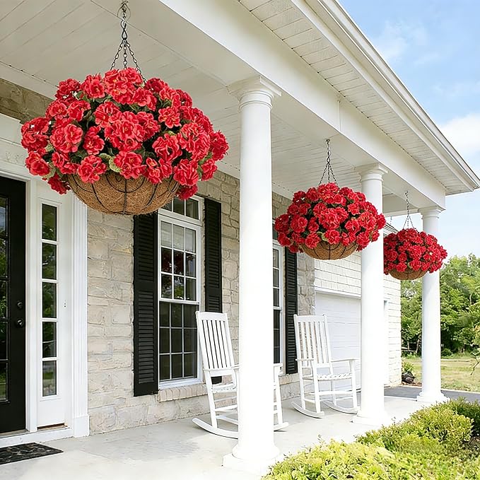 INSPRING Geraniums Artificial Flowers Hanging Basket for Outdoors Outside Spring Decoration, 8 Bundles Silk Flowers Fake Plants Look Real UV Resistant for Porch Home Patio Balcony Yard, Red