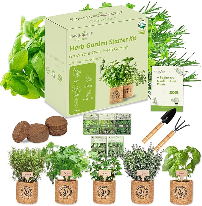 Herb Indoor Garden Kit- Unique Chrismas Herb Gardening Gift, Home Kitchen Gift for Mom, Friends, and Gardeners (Basil, Parsley, Mint, Thyme, Rosemary)