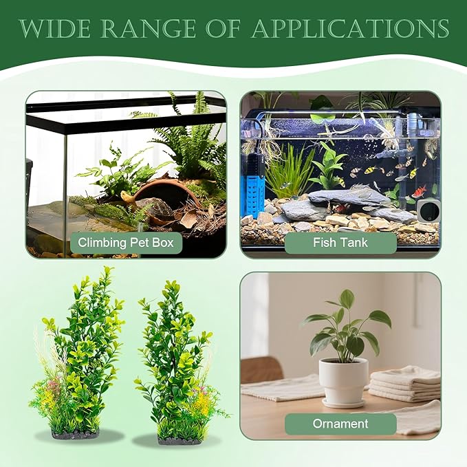 Aquarium Plants (2-Pack) Artificial Plastic Fish Fish Habitat Decor, Small to Moderate Size Aquarium Decorations, Safe Green Plants for Freshwater Tanks (Light Green & Gold Mix)