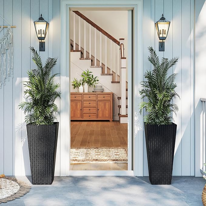 Giantex Set of 2 Outdoor Wicker Flower Pot, 30 Inch Tall Planters with Drainage System, PE Rattan Flower Pots, Indoor Outdoor Decoration for Front Porch Balcony Entryway
