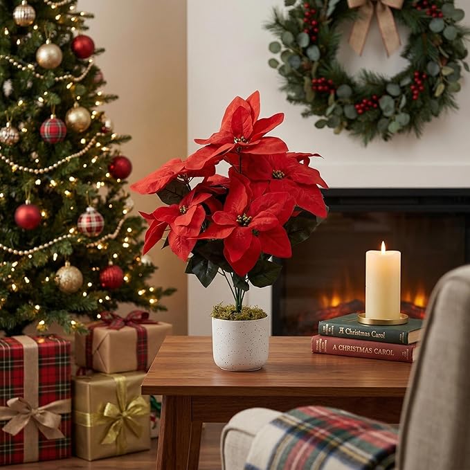2 Pack Red Christmas Poinsettia Flowers in Pots, 18.9" Artificial Poinsettia Plants with Realistic Layered Petals, Speckled Pot and Moss Base for Holiday Indoor Decor, Table Centerpiece, Porch