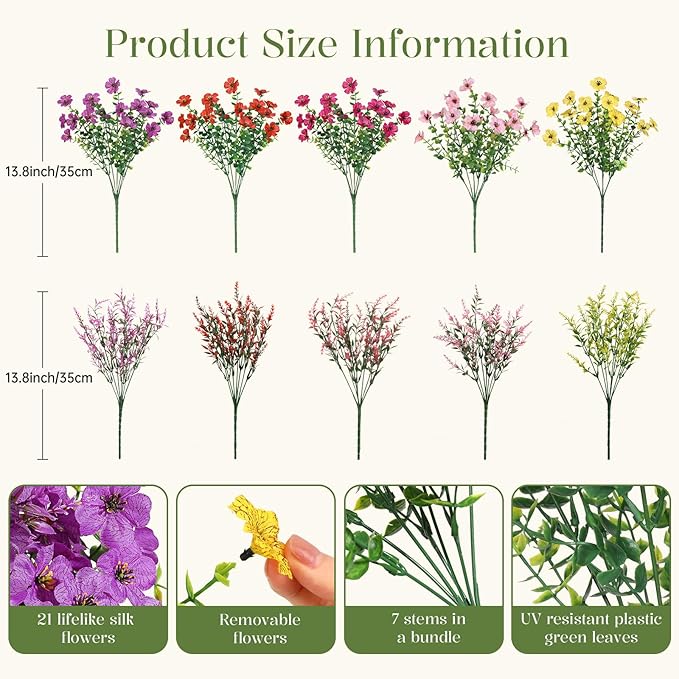 SHareconn 24 Bundles Artificial Flowers for Outdoors Decoration, Faux Plants Fake Silk Colorful Daisy Eucalyptus Lavender, UV Resistant for Outside Home Porch Patio Indoor Spring Decor, Mix 5 Colors