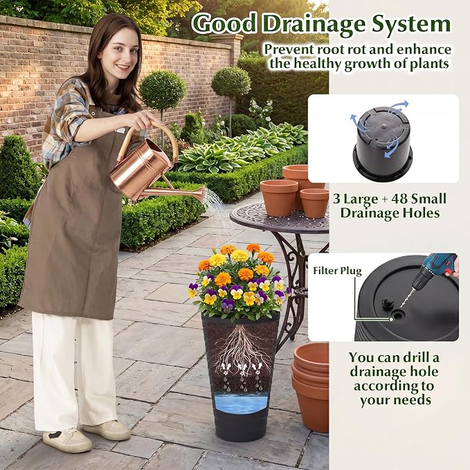 Giantex 18" Tall Flower Pot Set of 2, Modern Decorative Planter Pots w/Insert Bucket, Handle, Drainage Holes, Round Spiral Textured Flower Pots for Outdoor Indoor Garden Patio Front Porch (Black)