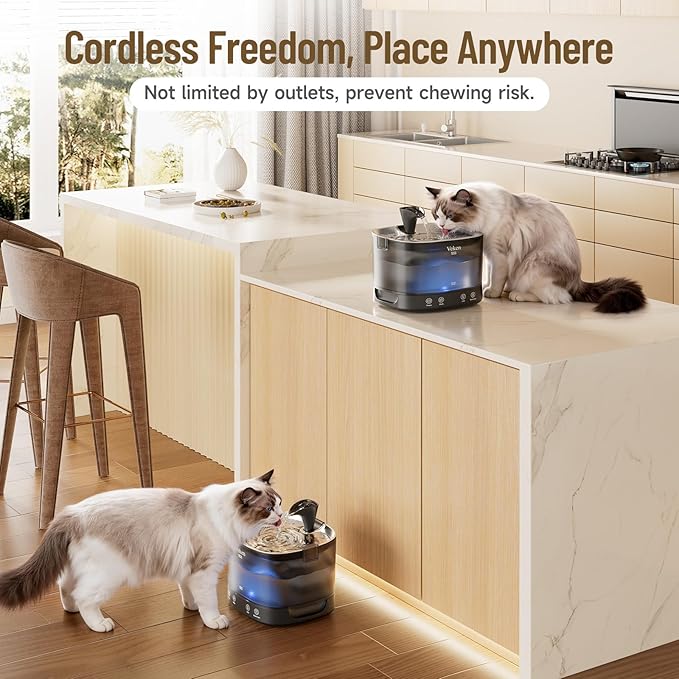 Veken Cordless Cat Water Fountain with Stainless Steel Tray & Secure Clips, 6 Filters + 6 Filter Sponges, 5200 mAh Battery Operated Pet Drinking Dispenser with LED Light, 85oz/2.5L Wireless Fountain