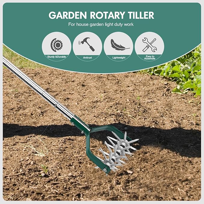 YEELOR Garden Cultivator Adjustable Stainless Steel Handle, fine Rotary Cultivator Tiller for Small Scale Gardens Soil Loosening, Lawn Aeration, Fertilizer Mixing & Planting Preparation